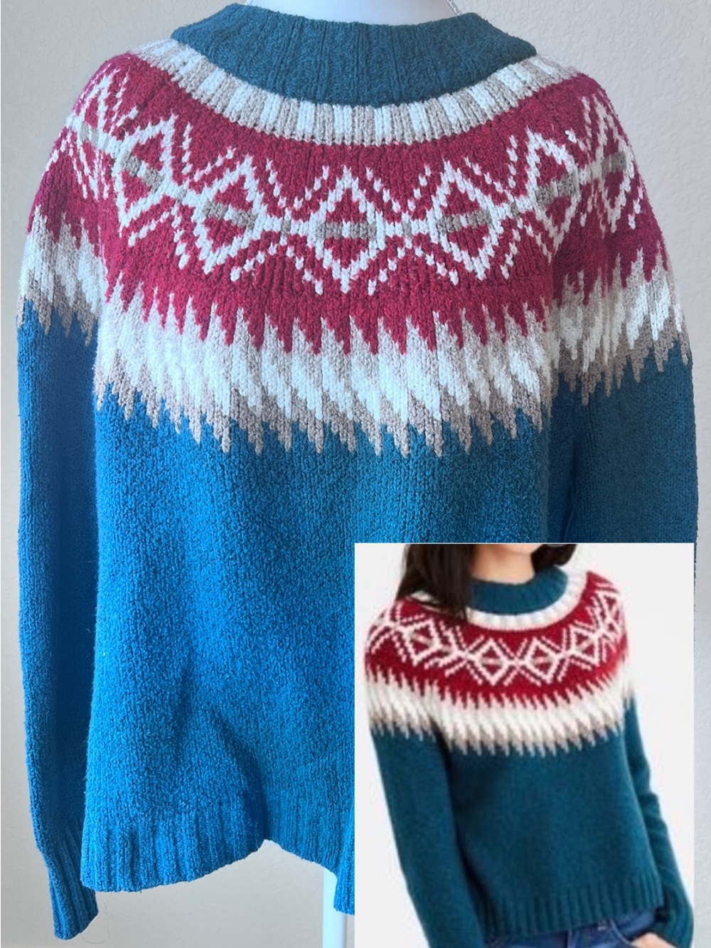 American Eagle Fair Isle Teal Tan Red Knit Sweater Mock Neck Long Sleeve XL